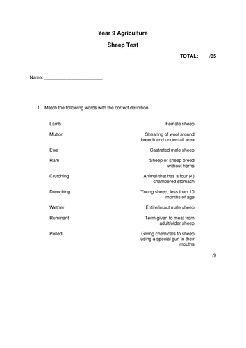 Agriculture: Sheep Topic Test for Year 8-9