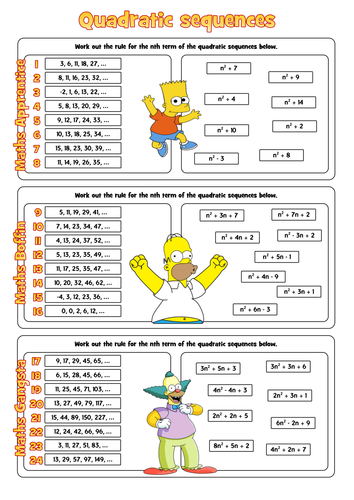Quadratic sequences workheet with answer boxes to self-check