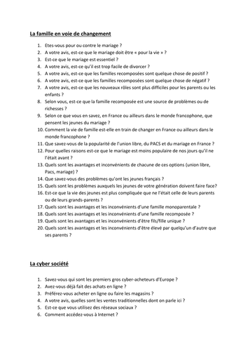 New AS French Speaking: questions for topics