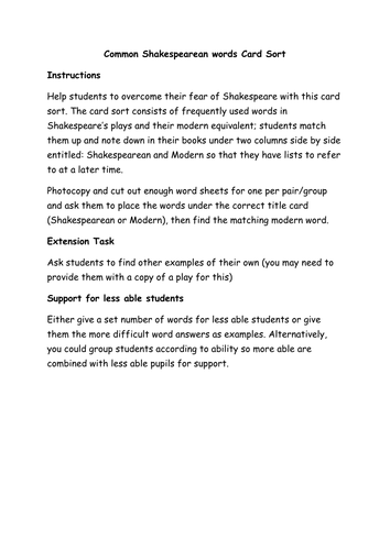 Common Shakespearean Words Card Sort