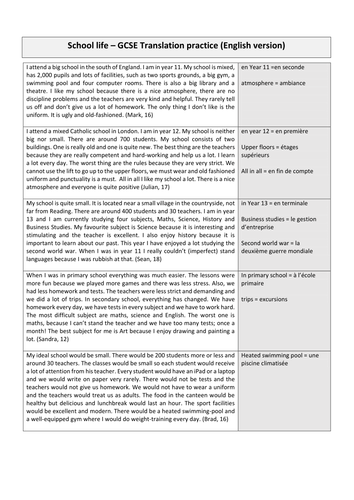 GCSE French translation on school with solution and pre-translation worsheet