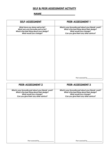 Self Peer Assessment Activity Sheet General Design Technology Extended Plenary