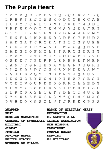 The Purple Heart Medal Word Search