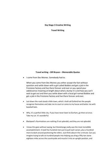 Bill Bryson Travel Writing activity