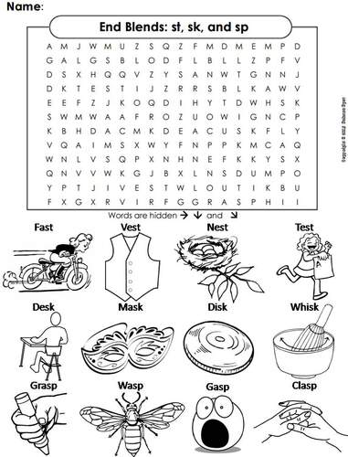 Ending Sounds Word Search: st, sk, and sp (End Blends)