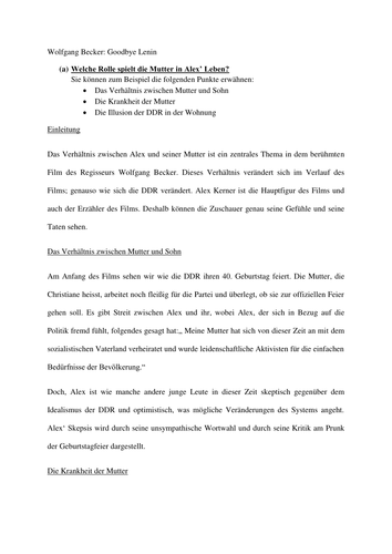 Model essay for Goodbye Lenin based on CCEA specification