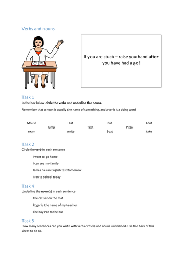 Verbs and Nouns worksheet for KS2