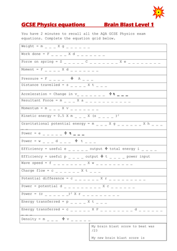 GCSE Physics equation brain blast
