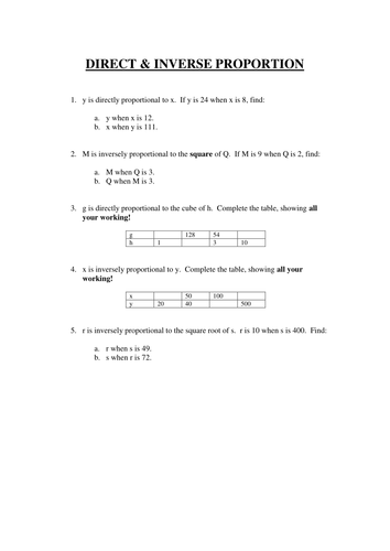 Direct and inverse proportion revision sheet (GCSE Maths)