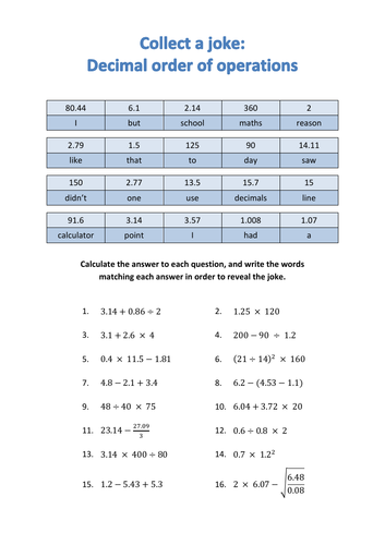 decimal calculations order of operations collect a joke teaching resources