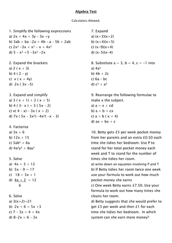 year 8 algebra test