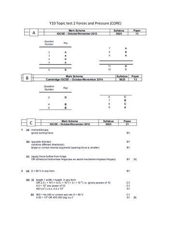 test questions pressure IGCSE and Forces and Pressure CIE topic tests (core