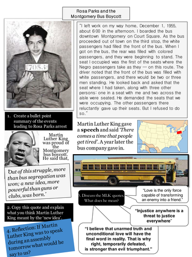 Civil Rights - Montgomery Bus Boycott/Martin Luther King Worksheet (Religious Studies/History/PSHEE
