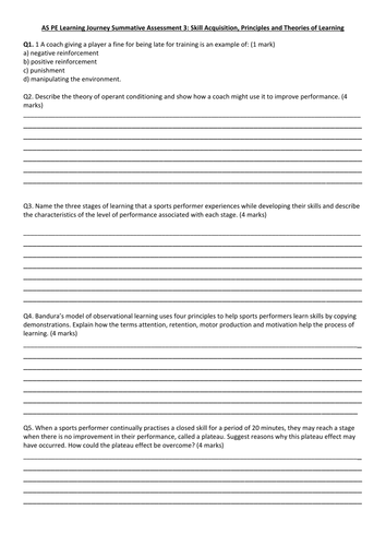 AS PE AQA New specification: Theories of Learning end of unit test