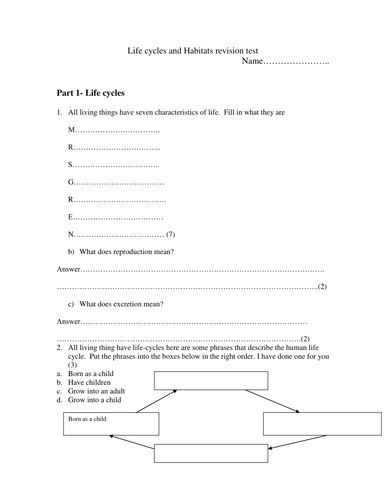 Life cycles and habitats revision test