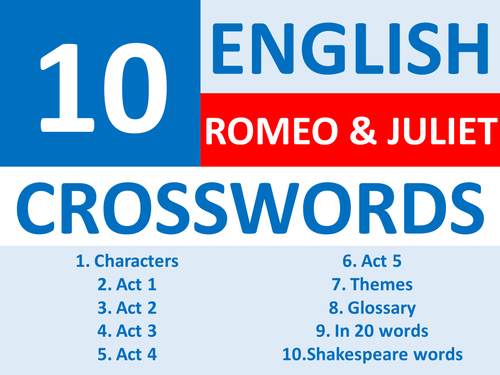 10 Crosswords Romeo and Juliet English Keyword Starters Crossword Homework or Cover Lesson