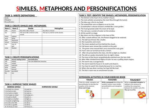 Metaphor, Personification, Simile. Lesson with worksheets