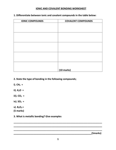 IONIC AND COVALENT BONDING WORKSHEET WITH ANSWERS Teaching Resources