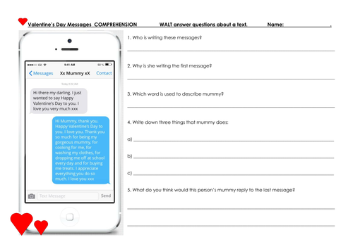Valentine's Day Comprehension based on brief text message exchanges