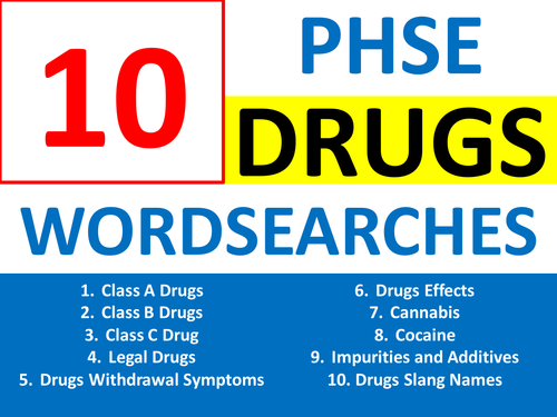 10 Wordsearches PHSE Drugs Keyword Starters Wordsearch Homework or Cover Lesson PHSEE