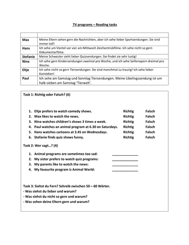 Y8 Sendungen reading and writing task
