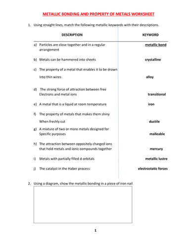 METALLIC BONDING WORKSHEET WITH ANSWERS | Teaching Resources