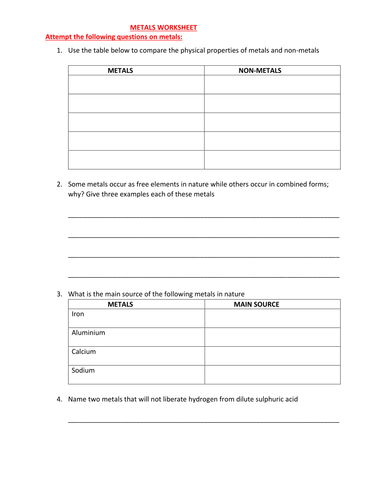 METALS WORKSHEET WITH ANSWERS