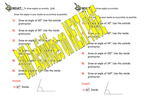 Angles - Differentiated Tasks - Using the inside and out side of a protractor draw a range of angles