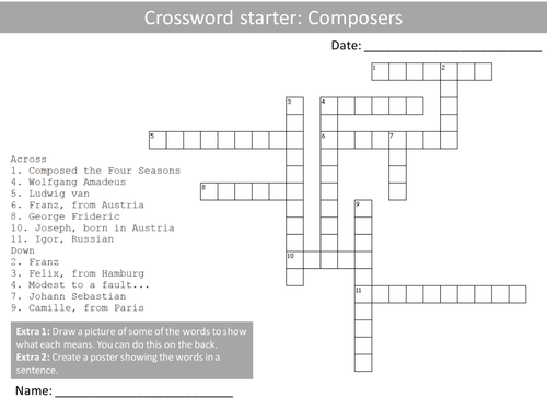 10 Crosswords Music Education Keyword Starters Crossword Homework or Cover Lesson