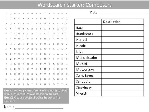Classical Composers Wordsearch and Crossword Music Keyword Starters Homework or Cover Lesson