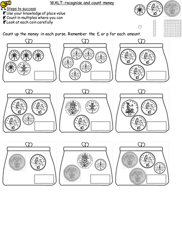 differentiated worksheets for recognising coins and counting money