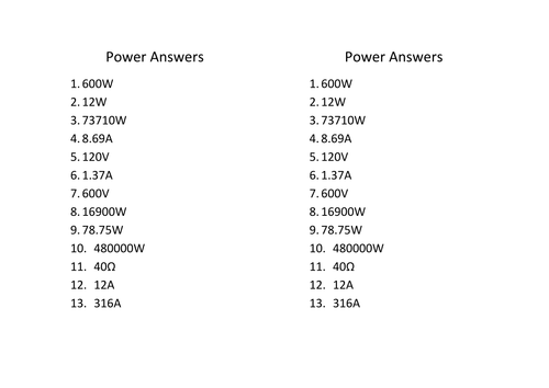 Power calculations worksheet plus answers - Physics AQA 2016 Specification