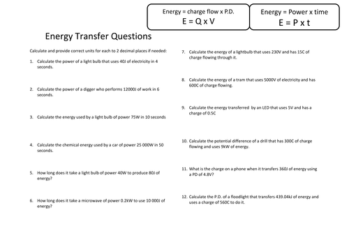 Energy Transfers worksheet and mark scheme - Physics AQA 2016 Specification.