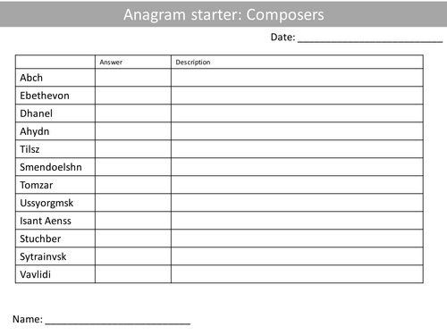 10 Anagrams Music Education Keyword Starters Anagram Plenary Homework or Cover Lesson