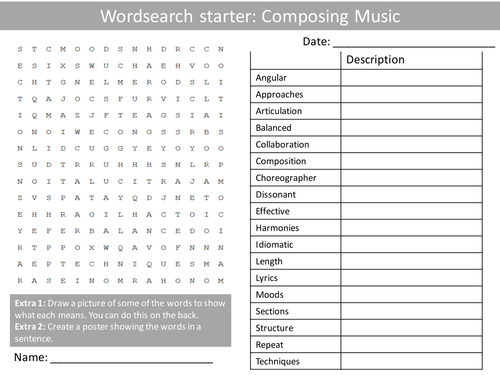 Composing Music Wordsearch Crossword Anagrams Music Keyword Starters Homework or Cover Lesson