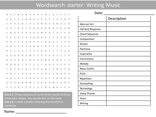 Writing Music Wordsearch Crossword Anagrams Music Keyword Starters Homework or Cover Lesson