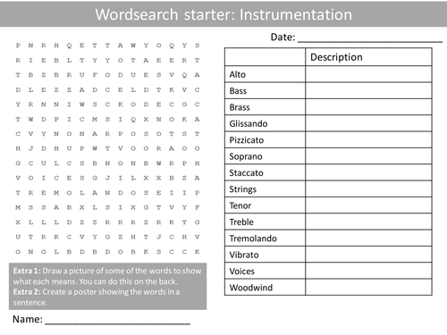 Instrumentation Wordsearch Crossword Anagrams Music Keyword Starters Homework or Cover Lesson