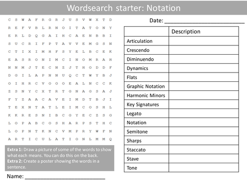 Music Notation Wordsearch Crossword Anagrams Music Keyword Starters Homework or Cover Lesson