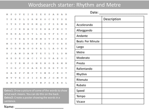 Rhythm and Metre Wordsearch Crossword Anagrams Music Keyword Starters Homework or Cover Lesson