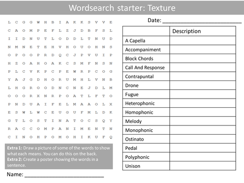 Music Texture Wordsearch Crossword Anagrams Music Keyword Starters Homework or Cover Lesson