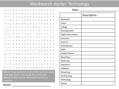Music Technology Wordsearch Crossword Anagrams Music Keyword Starters Homework or Cover Lesson
