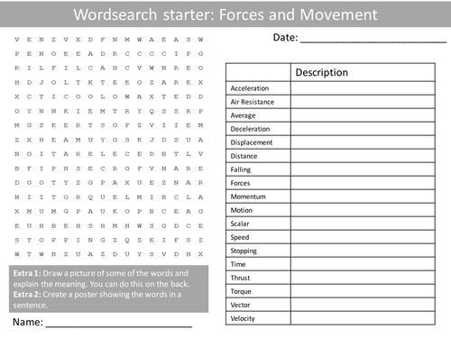 Physics Forces and Motion Movement Wordsearch Crossword Anagrams Keyword Starters Homework or Cover