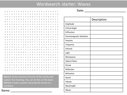 Science Physics Waves Wordsearch Crossword Anagrams Keyword Starters Homework or Cover Lesson