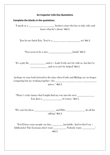 An Inspector Calls complete the blanks key quotations revision