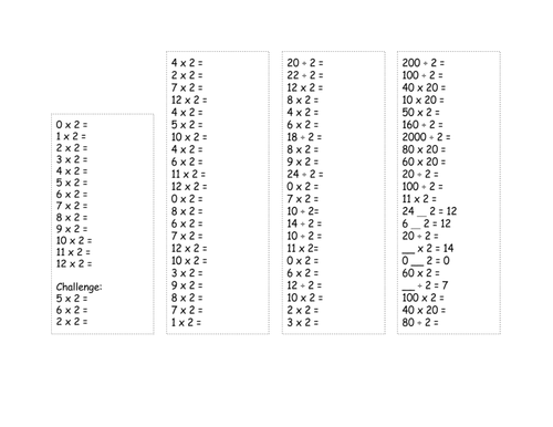 2x table multiplication and division tests - 4 different levels