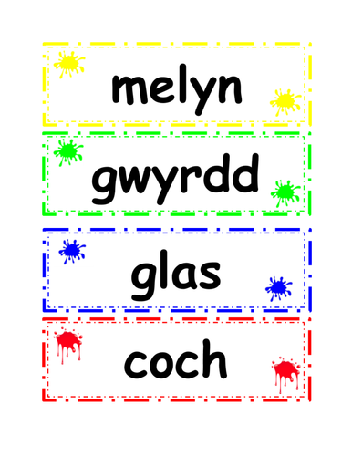 Lliwiau (Colours in Welsh) vocabulary cards