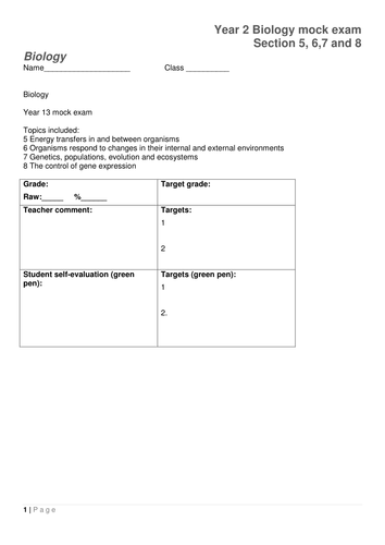 NEW Year 13 AQA specification for biology: Mock Exam