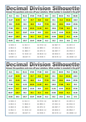 Decimal Division Silhouette Worksheet
