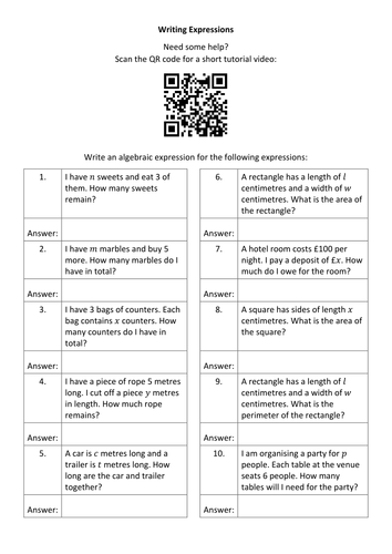 Catch Up Questions - Algebra - Editable Part 1