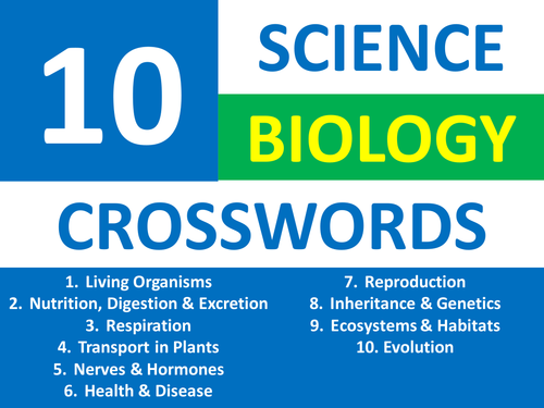 10 Crosswords Science Biology KS3 GCSE Starter Homework Cover Filler Lesson